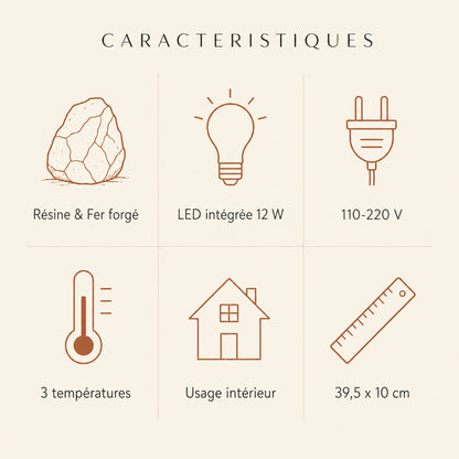 Caractéristiques de l'applique murale Ardélya, résine et fer forgé, LED intégrée, 3 températures | Delvanie